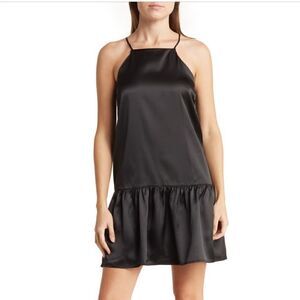 Maisie Monti Tiered Slip Dress Mini Satin Square Neck Drop Waist LBD Black M